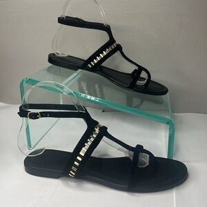 Sigerson Morrison Sz 6 Black Suede Gold Leather TStrap Ankle Strap Flat Sandals